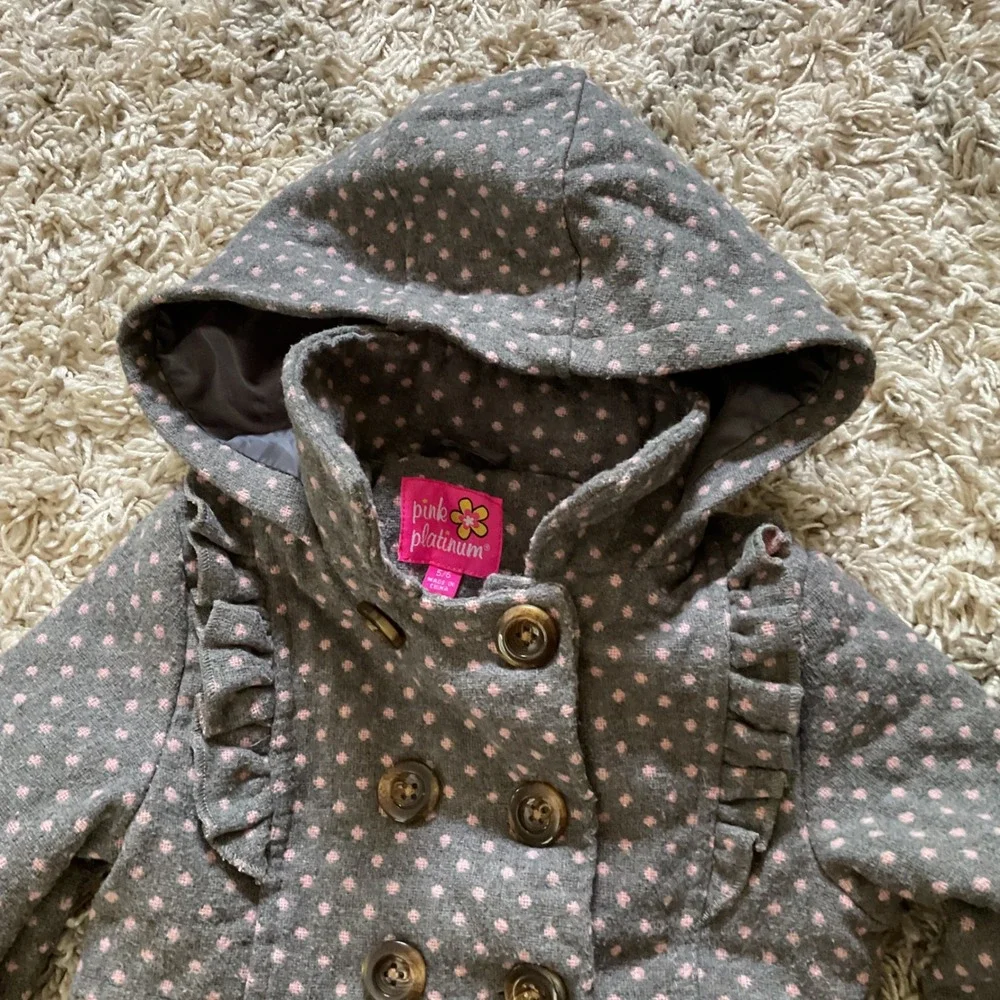 Pink Platinum Girls Grey Pink Polka Dot Hooded Peacoat Jacket Size 5/6